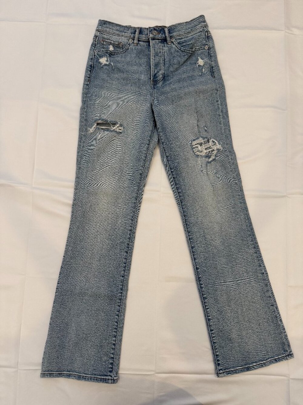 Express ’90s Boot High Rise Jeans Size 4R Distressed Light Wash Button Fly